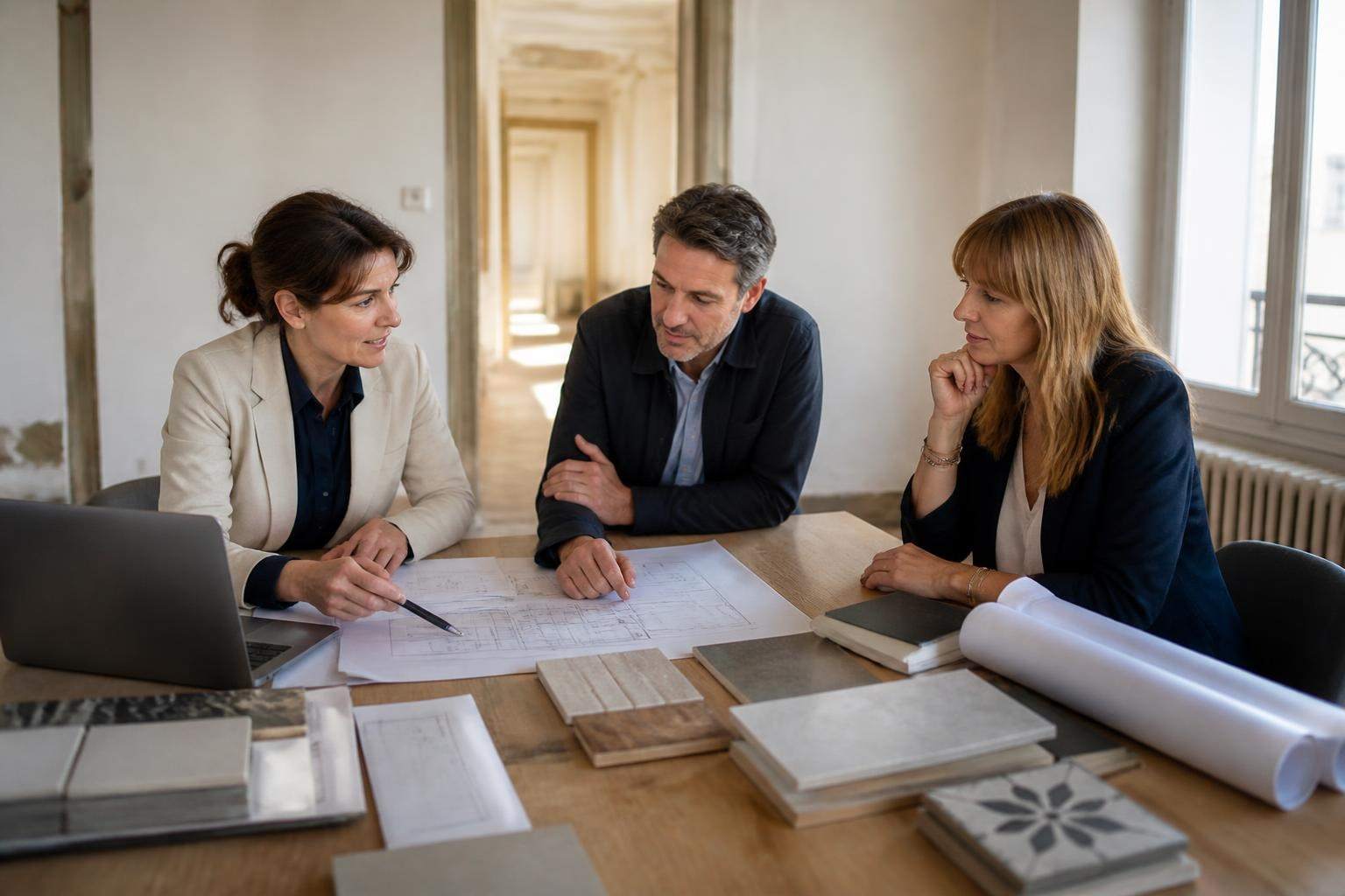 Un’architetta spiega il progetto a due clienti