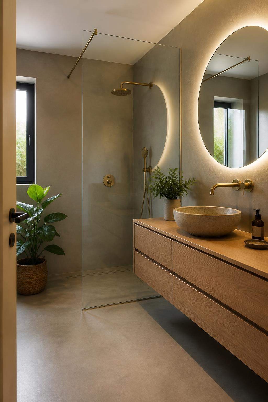 Bagno in microcemento con doccia a filo pavimento