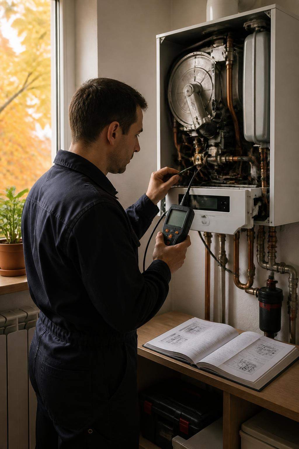 Tecnico durante il controllo annuale della caldaia