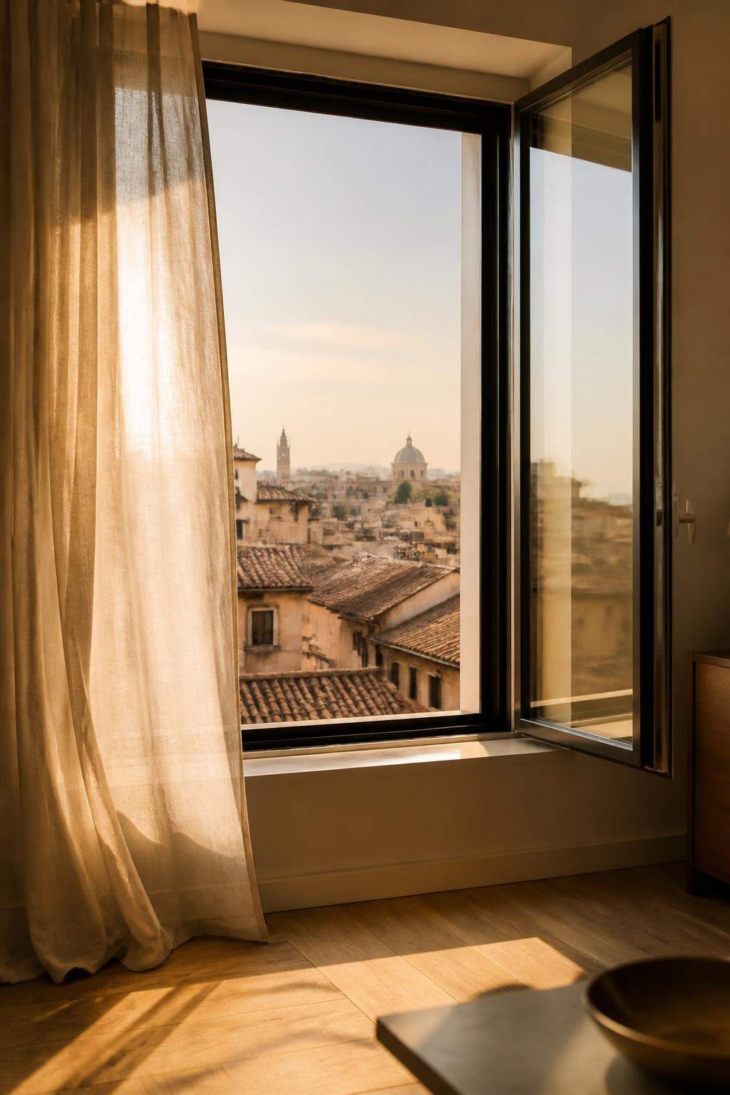 Finestra nuova affacciata sui tetti di un centro storico