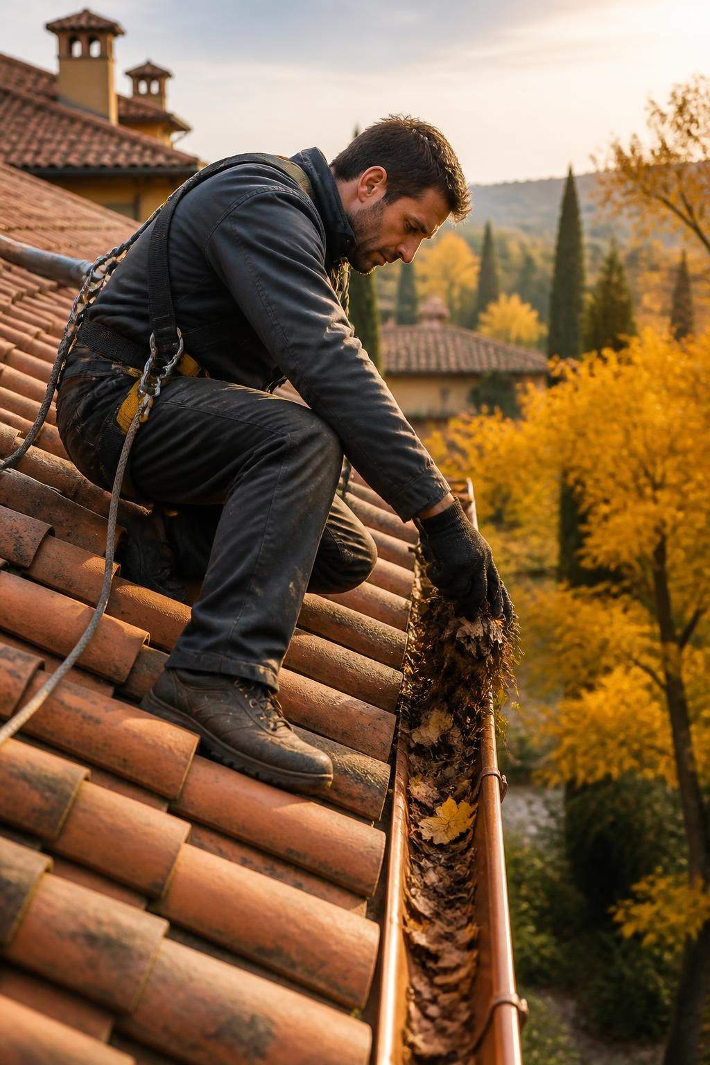 Pulizia delle grondaie su un tetto in coppi in autunno