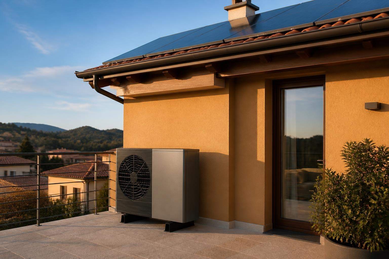 Pompa di calore sul terrazzo di una casa con cappotto termico