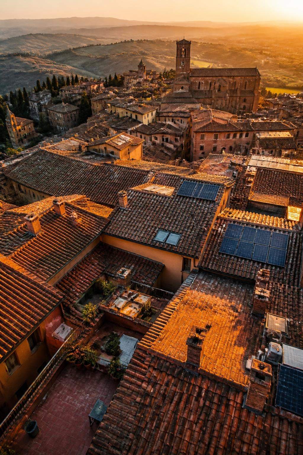 Tetti di un borgo italiano al tramonto